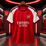 A red and white Arsenal football jersey hanging on a wooden hanger in a dimly lit, modern locker room. The jersey features the Arsenal club crest on the left chest, the Emirates Fly Better sponsor logo across the center, and white shoulder stripes.