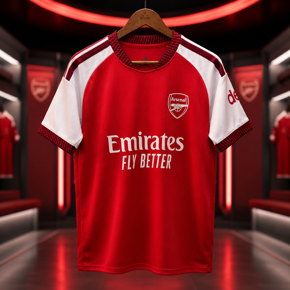 A red and white Arsenal football jersey hanging on a wooden hanger in a dimly lit, modern locker room. The jersey features the Arsenal club crest on the left chest, the Emirates Fly Better sponsor logo across the center, and white shoulder stripes.