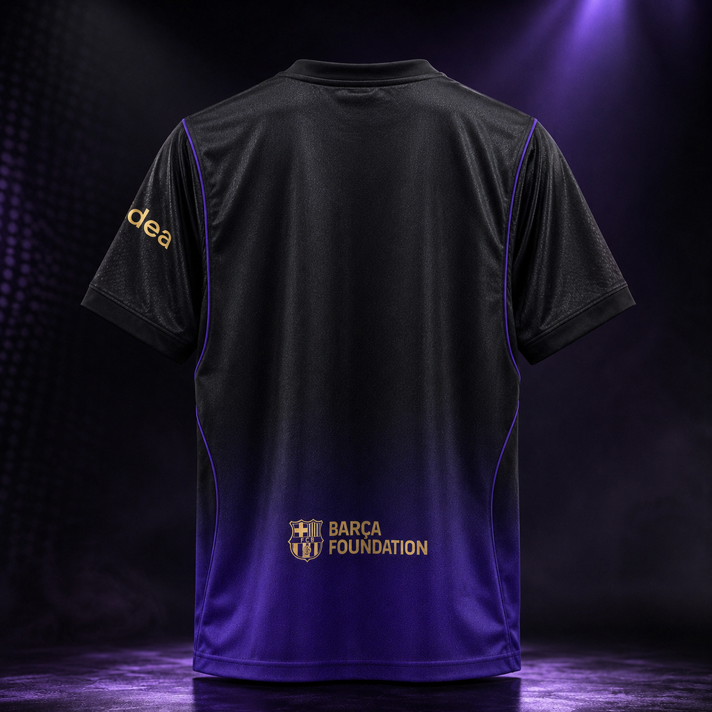 Black and purple gradient short-sleeve jersey shown from the back, featuring a gold FC Barcelona crest and 'BARCA FOUNDATION' text near the lower back, with a gold sleeve logo. The shirt is photographed in a dramatic studio setting with purple lighting.