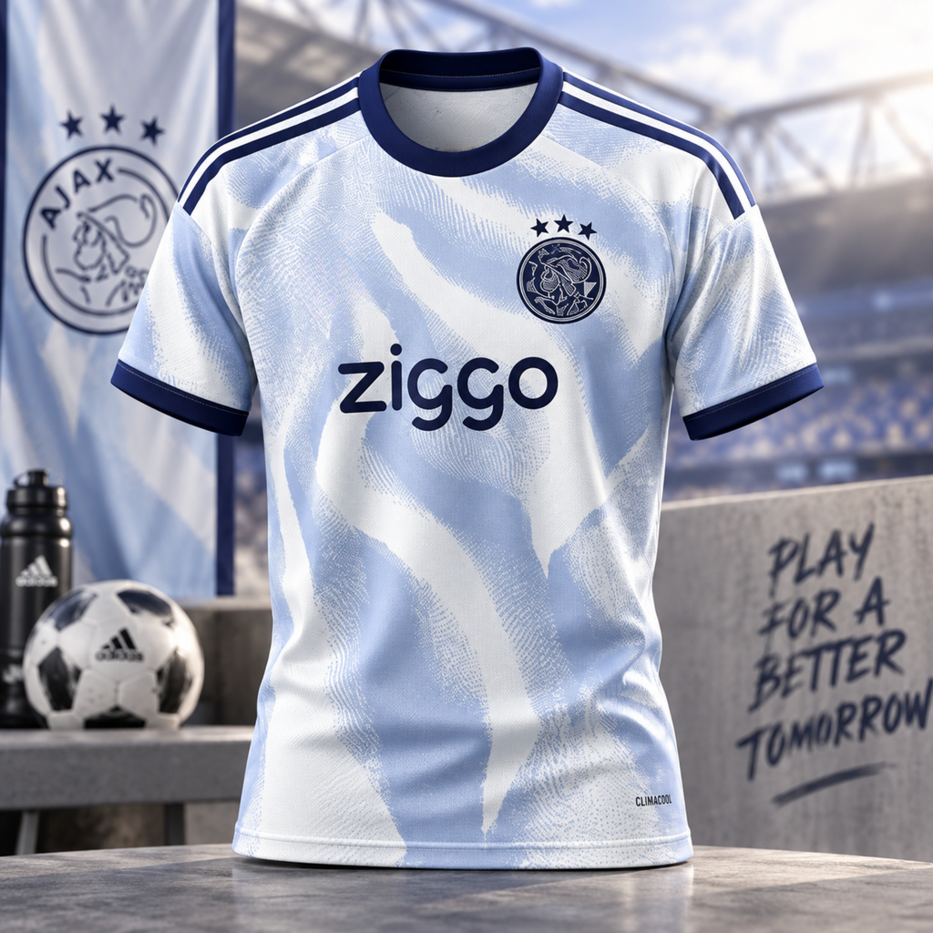 A light blue and white Ajax soccer jersey with navy blue trim, featuring the Ziggo sponsor logo and club crest, displayed on a table with a soccer ball and stadium background.