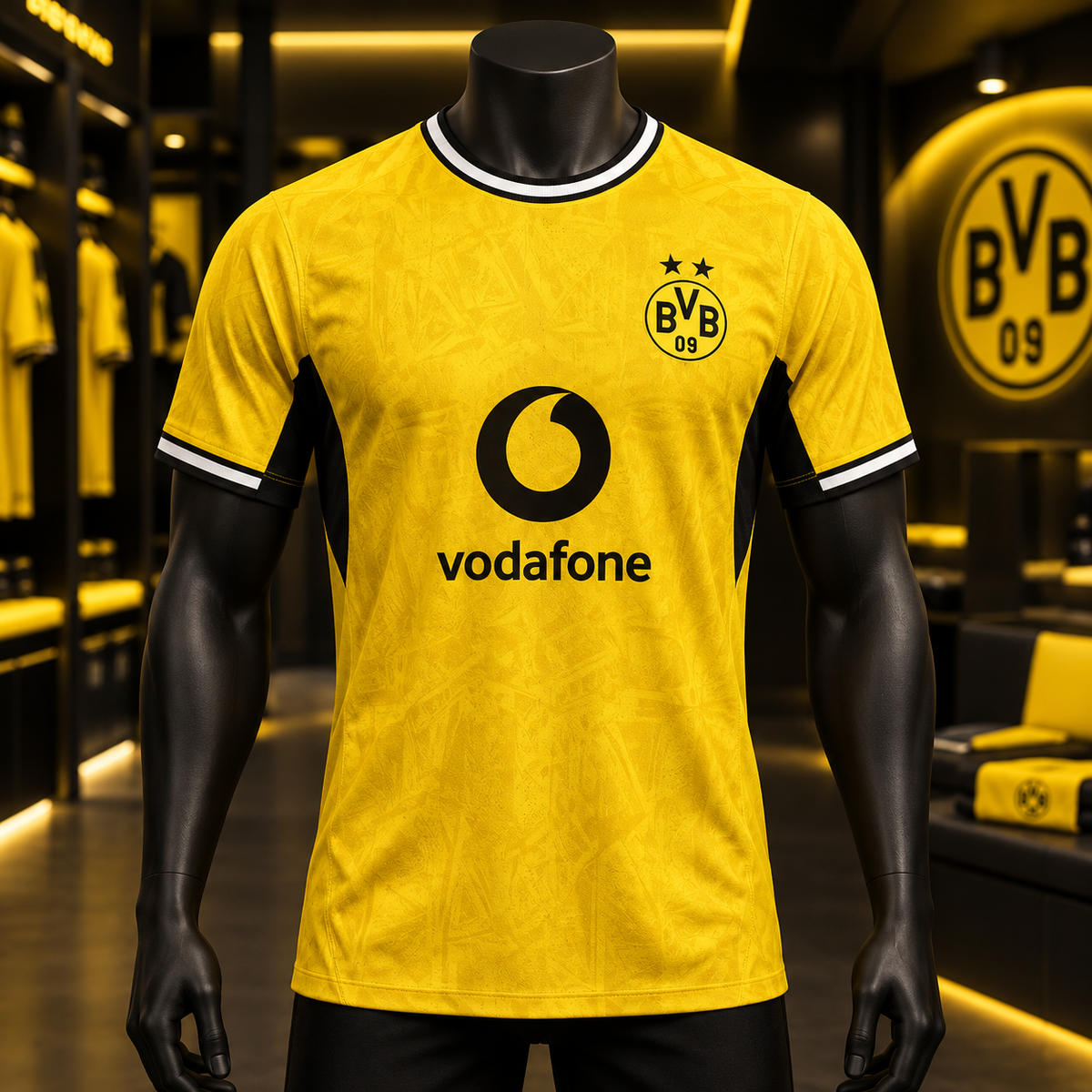 A yellow Borussia Dortmund soccer jersey with black and white trim, displayed on a black mannequin in a dimly lit store interior. The jersey features the black Vodafone logo and the BVB 09 crest on the chest.