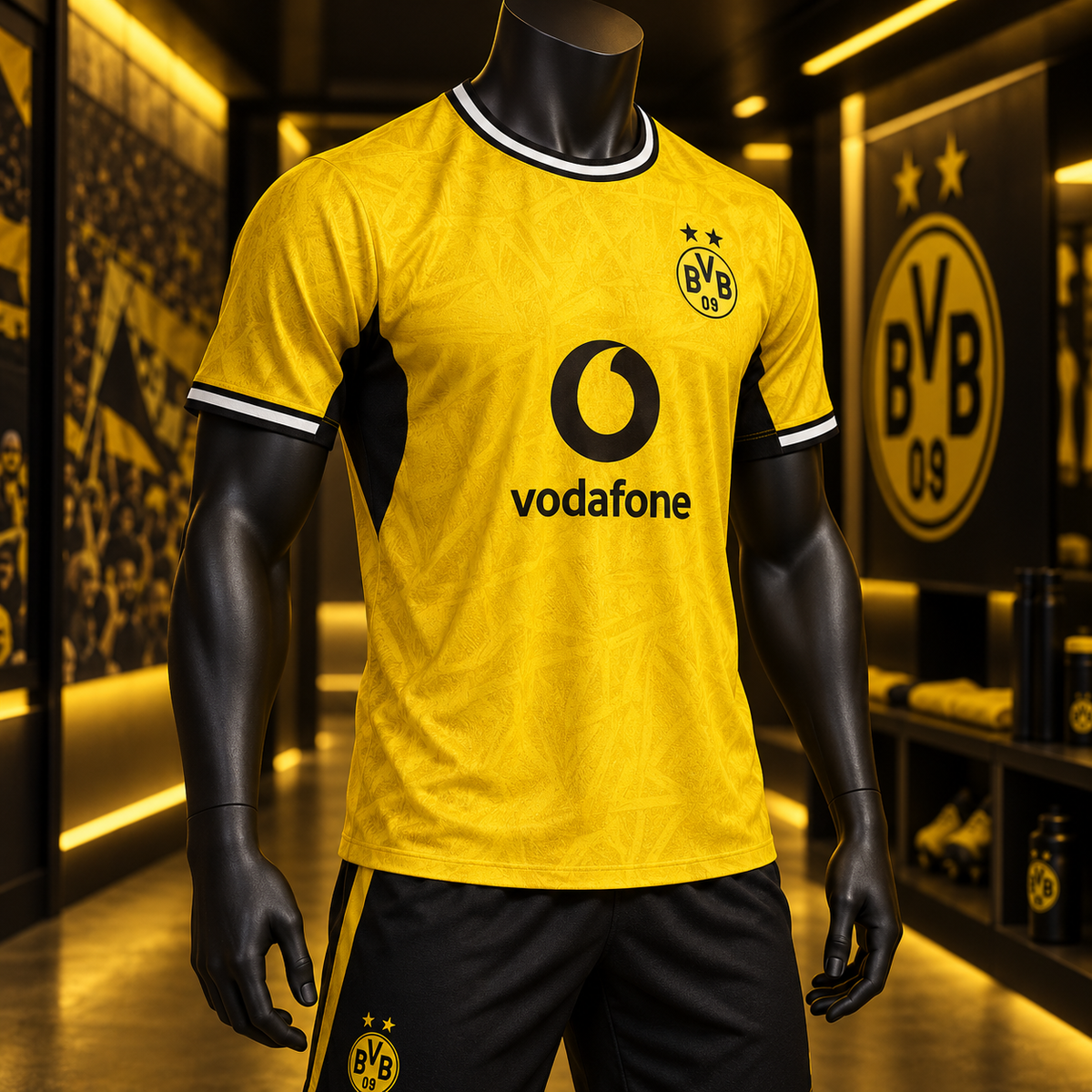 A mannequin wearing a Borussia Dortmund yellow soccer jersey with black and white trim, featuring the Vodafone logo and BVB 09 crest, paired with black shorts in a dimly lit locker room setting.