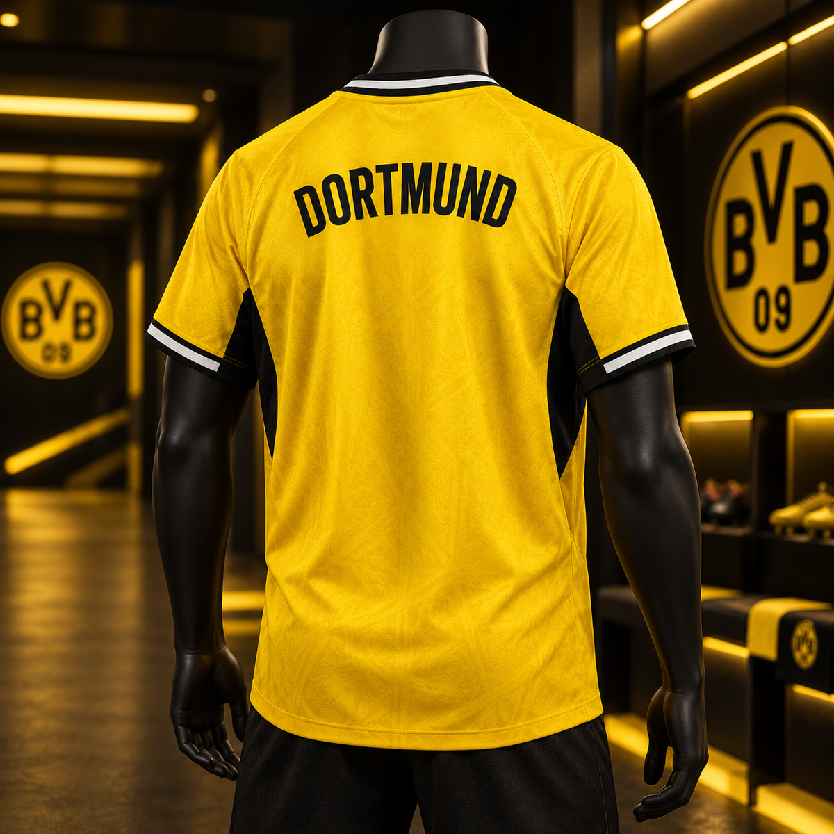 A mannequin wearing a Borussia Dortmund yellow soccer jersey, shown from the back. The jersey features 'DORTMUND' printed in black arched text across the upper back, with black side panels and white trim on the collar and sleeve cuffs.