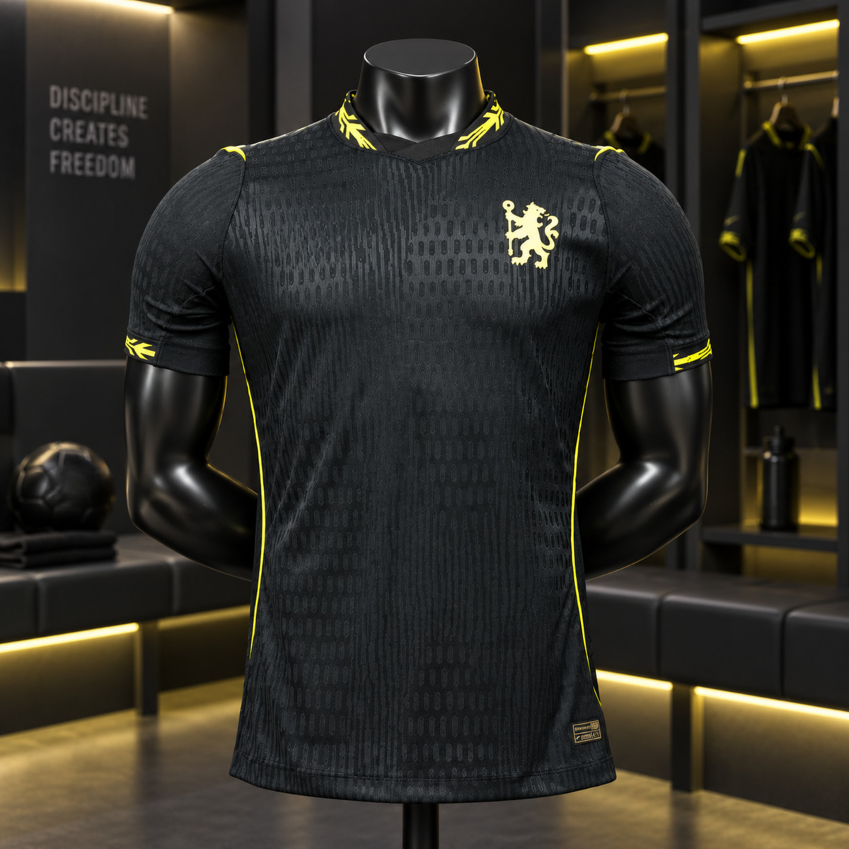 A black short-sleeve soccer jersey with yellow accents and a lion crest on the chest, displayed on a black mannequin in a modern locker room setting.