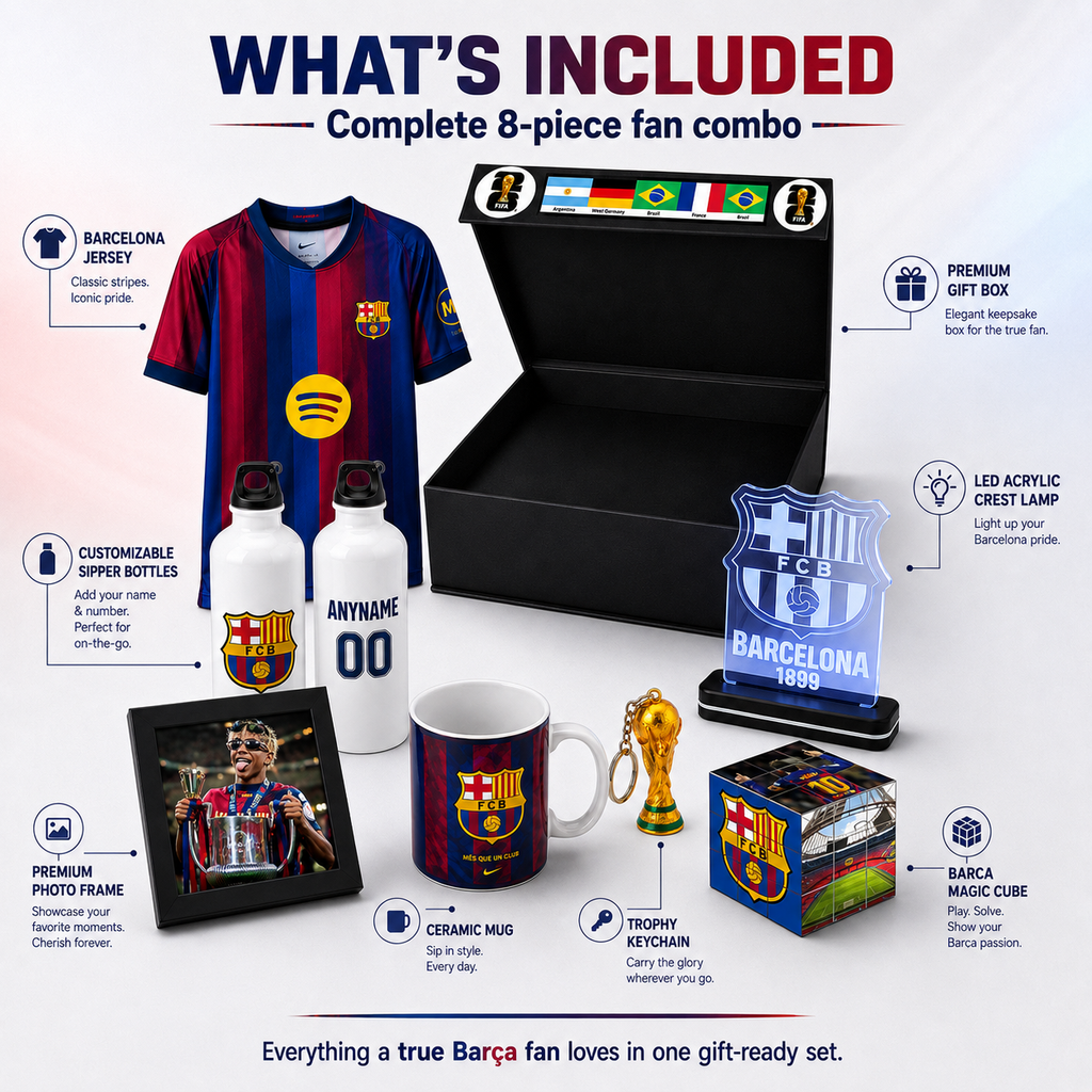 An infographic showing an FC Barcelona-themed 8-piece fan gift set with labeled items including a jersey, gift box, mugs, keychain, photo frame, lamp, and cube, on a white background.