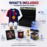 An infographic showing an FC Barcelona-themed 8-piece fan gift set with labeled items including a jersey, gift box, mugs, keychain, photo frame, lamp, and cube, on a white background.