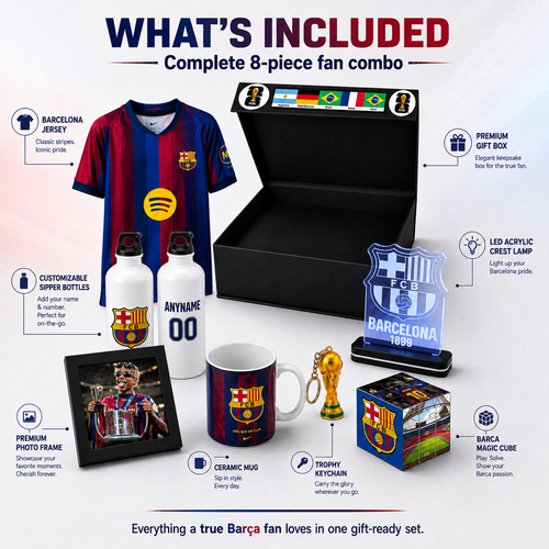 An infographic showing an FC Barcelona-themed 8-piece fan gift set with labeled items including a jersey, gift box, mugs, keychain, photo frame, lamp, and cube, on a white background.