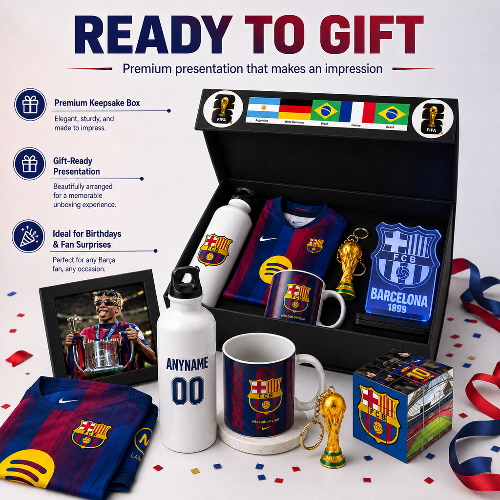A Barcelona FC-themed gift set displayed in an open black box with promotional text on the left. The set includes a keepsake box, water bottles, mugs, a framed photo, a scarf, a surprise box, and trophy models, all featuring FC Barcelona branding and colors.