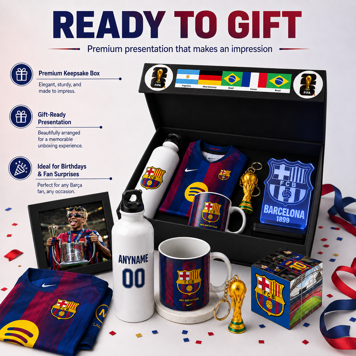 A Barcelona FC-themed gift set displayed in an open black box with promotional text on the left. The set includes a keepsake box, water bottles, mugs, a framed photo, a scarf, a surprise box, and trophy models, all featuring FC Barcelona branding and colors.