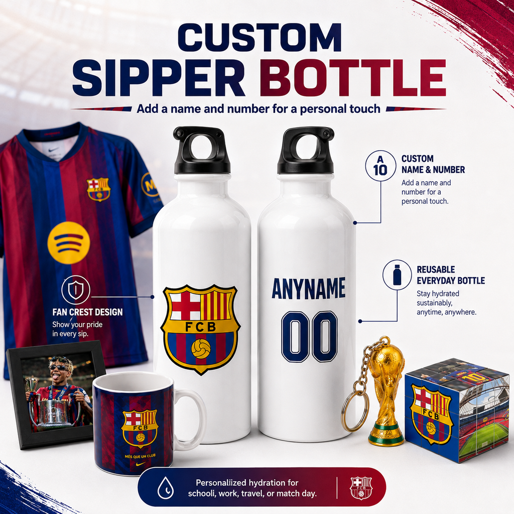 Customizable white water bottles shown alongside a red and blue FC Barcelona soccer jersey, a printed mug, a small trophy keychain, and a branded box, with text explaining personalization options on a white background.