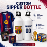 Customizable white water bottles shown alongside a red and blue FC Barcelona soccer jersey, a printed mug, a small trophy keychain, and a branded box, with text explaining personalization options on a white background.