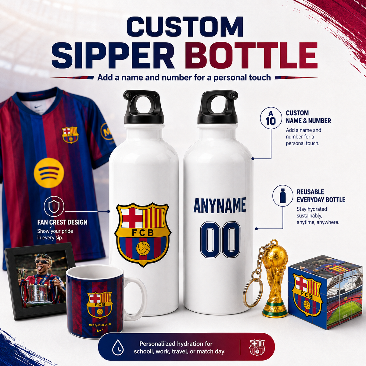 Customizable white water bottles shown alongside a red and blue FC Barcelona soccer jersey, a printed mug, a small trophy keychain, and a branded box, with text explaining personalization options on a white background.