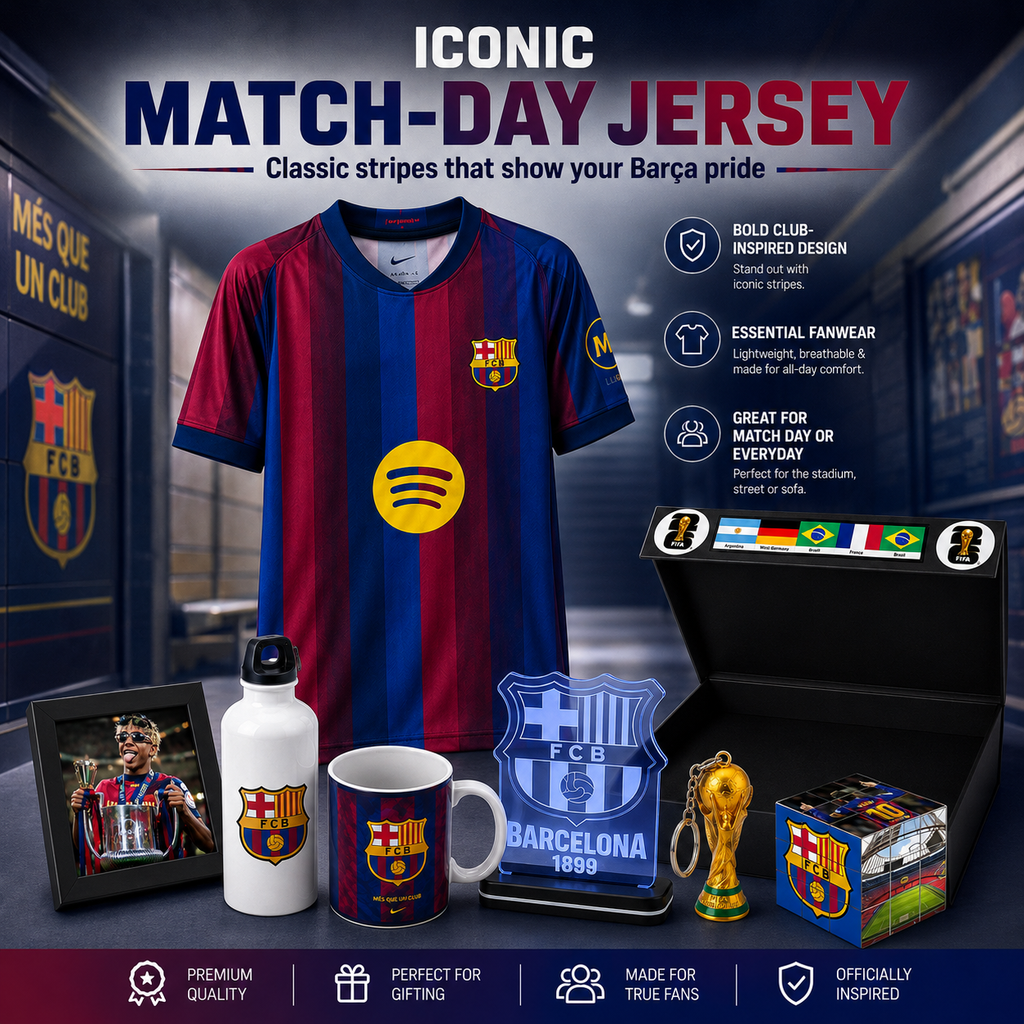 A promotional display for FC Barcelona match-day merchandise under the heading 'ICONIC MATCH-DAY JERSEY.' The main product shown is a blue and red striped Barcelona jersey, with additional matching items arranged around it: a framed photo print, a white water bottle, a ceramic mug, a blue acrylic plaque, a trophy replica, and a small branded box.