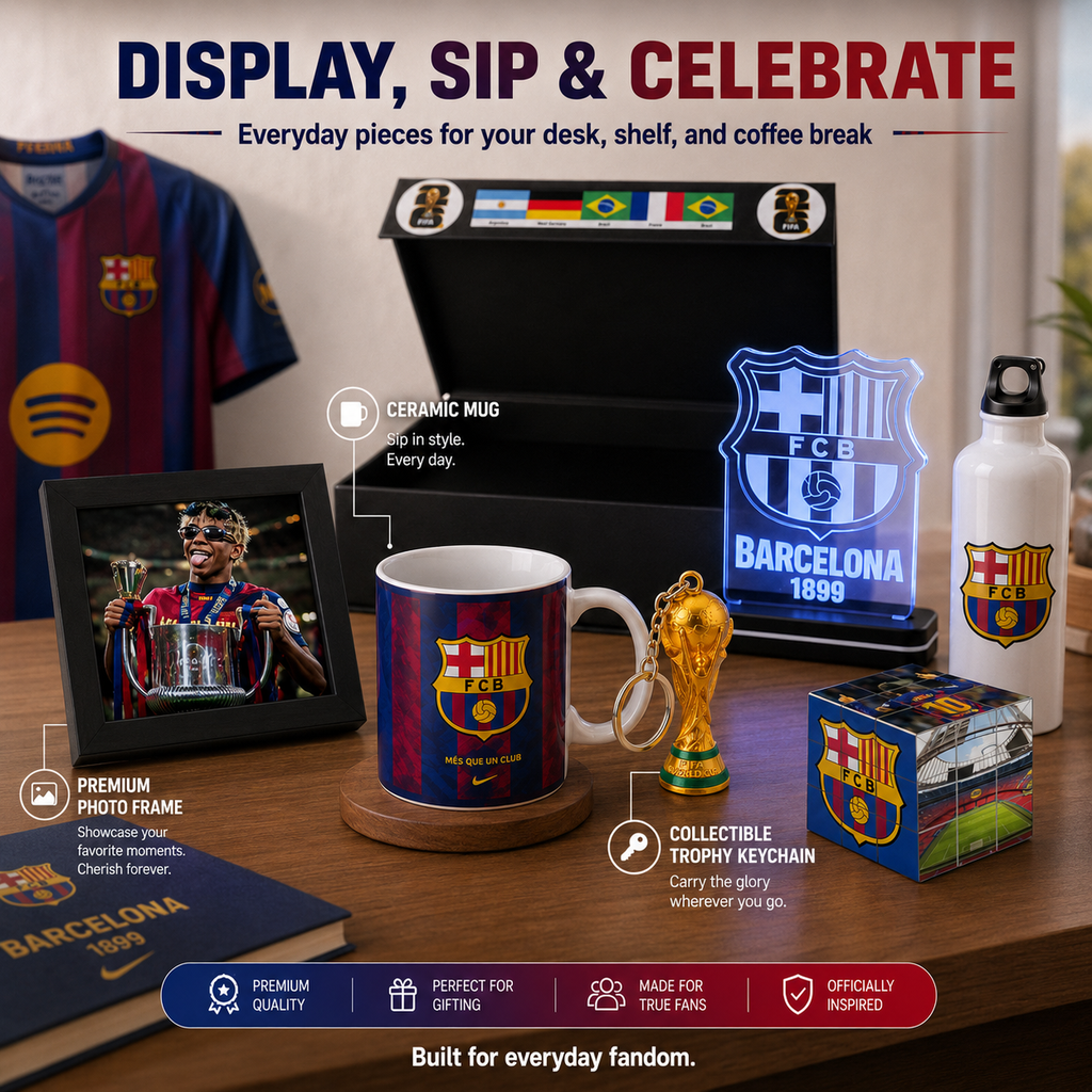 A Barcelona FC merchandise display set on a wooden table, featuring a framed photo print, a ceramic mug, a glowing acrylic Barcelona crest sign, a white water bottle, a trophy keychain, a small collectible box, and a soccer jersey hanging in the background. Text overlays describe each item, with a red banner at the bottom highlighting premium quality and everyday fandom appeal.