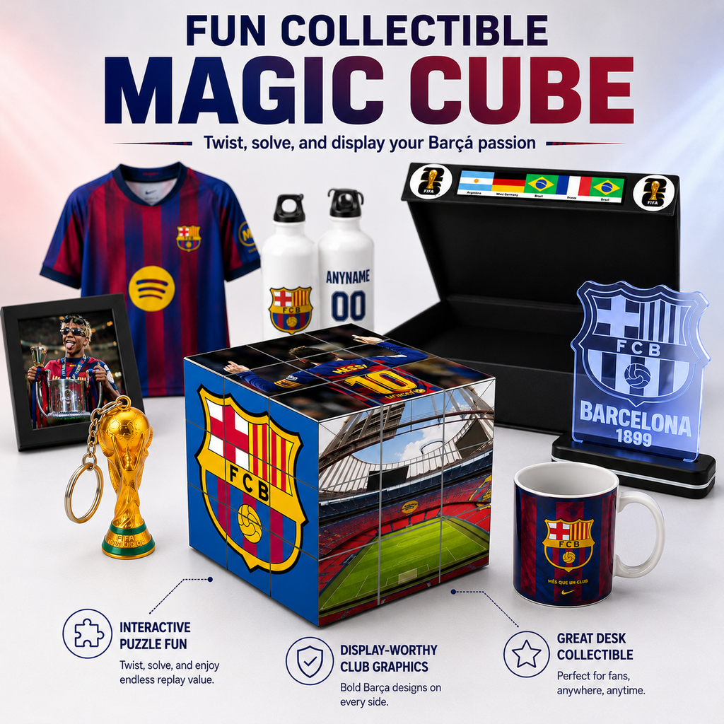 A Barcelona FC collectible set displayed on a white background with promotional text. The set includes a blue and red striped FC Barcelona jersey, two water bottles, a black display box with flags, a framed photo, a small trophy, a colorful cube-shaped box with stadium graphics and FC Barcelona branding, a clear acrylic Barcelona crest plaque, and a matching mug.
