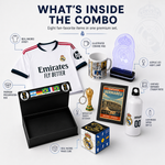 A promotional collage showing a Real Madrid merchandise set labeled 'WHAT'S INSIDE THE COMBO,' including a white Emirates jersey, ceramic mug, acrylic LED night lamp, presentation box, keychain, framed Bernabeu poster, custom bottle, and magic cube, with callout lines naming each item.