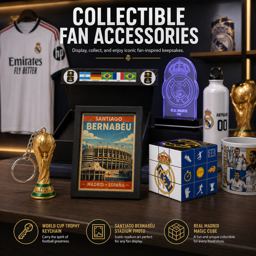 A collection of Real Madrid and FIFA-themed collectible fan accessories displayed on a dark shelf, including a Santiago Bernabeu framed poster, a World Cup trophy keychain, a blue illuminated Real Madrid badge, a white bottle with team graphics, a cube puzzle, and a mug, with promotional text above and icons below.