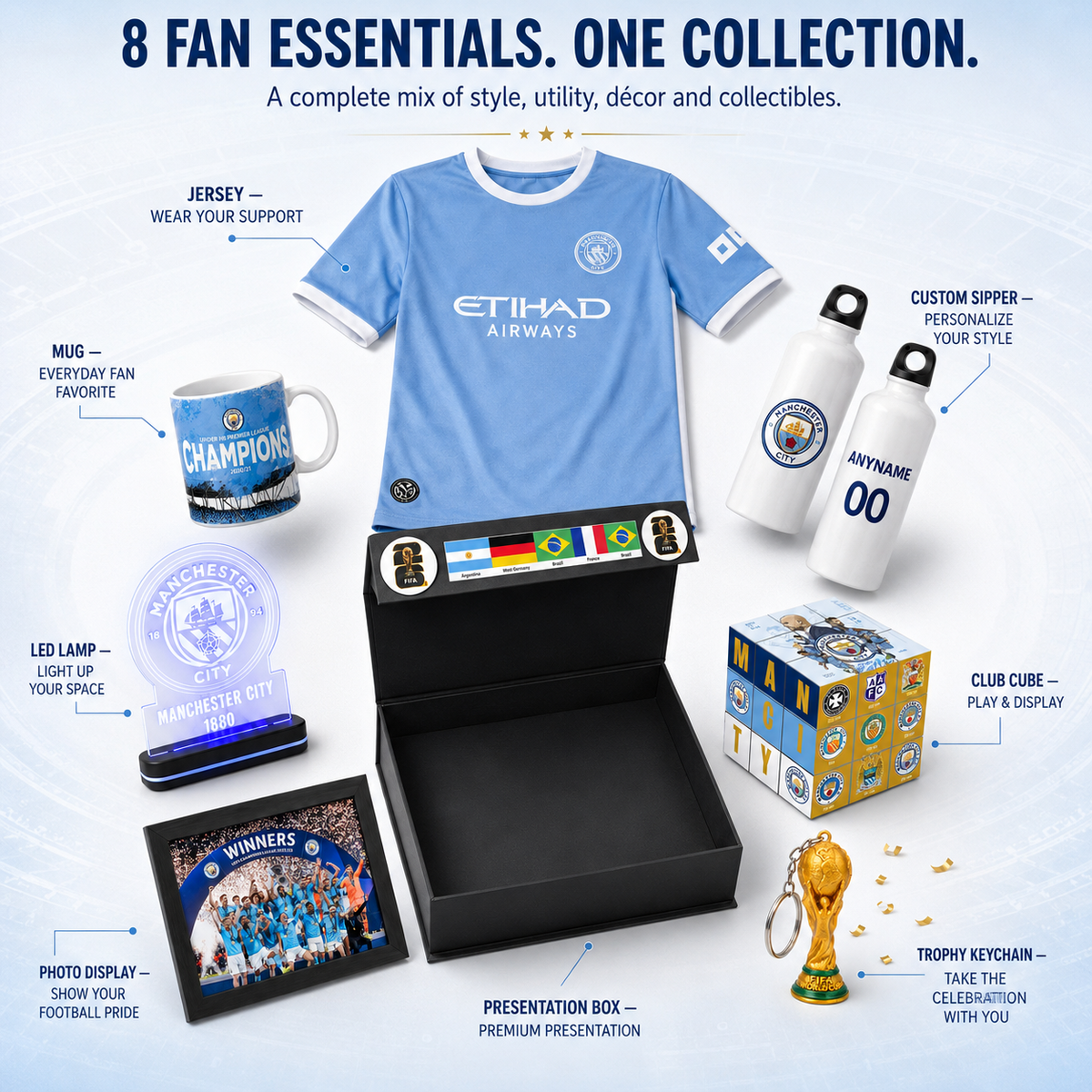 Manchester City fan essentials collection featuring a light blue jersey, mug, water bottle, LED lamp, photo display, presentation box, and trophy keychain, arranged on a white background with text labels.