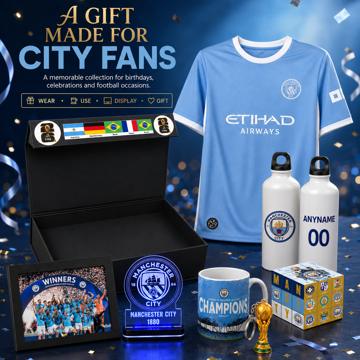 Manchester City themed gift set for fans, including a light blue jersey, white water bottles, a mug, a framed photo, a commemorative plaque, a Rubik's cube, a miniature trophy, and a black presentation box, arranged on a dark blue confetti background with promotional text.
