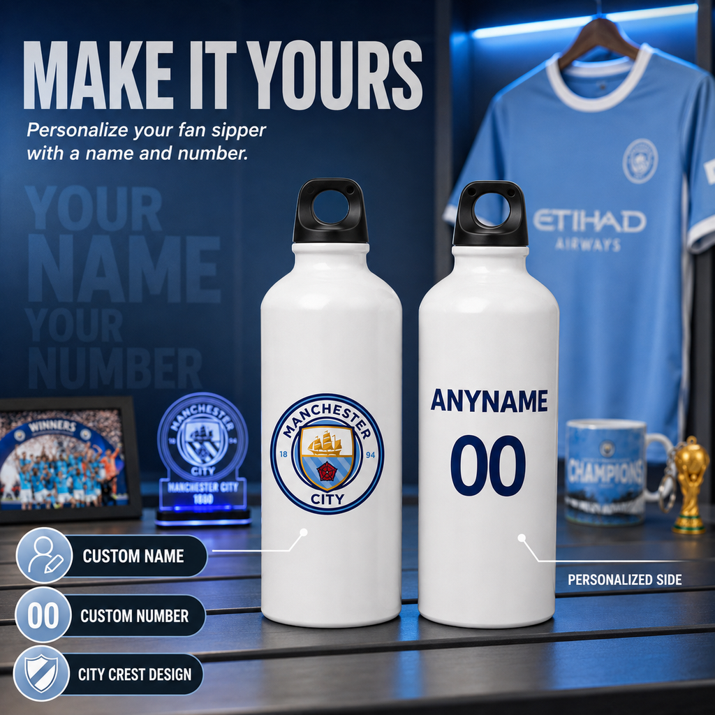 Two white customizable water bottles displayed on a shelf in a Manchester City themed retail setting. One bottle shows the Manchester City crest, and the other shows a placeholder 'ANYNAME 00' for personalization.