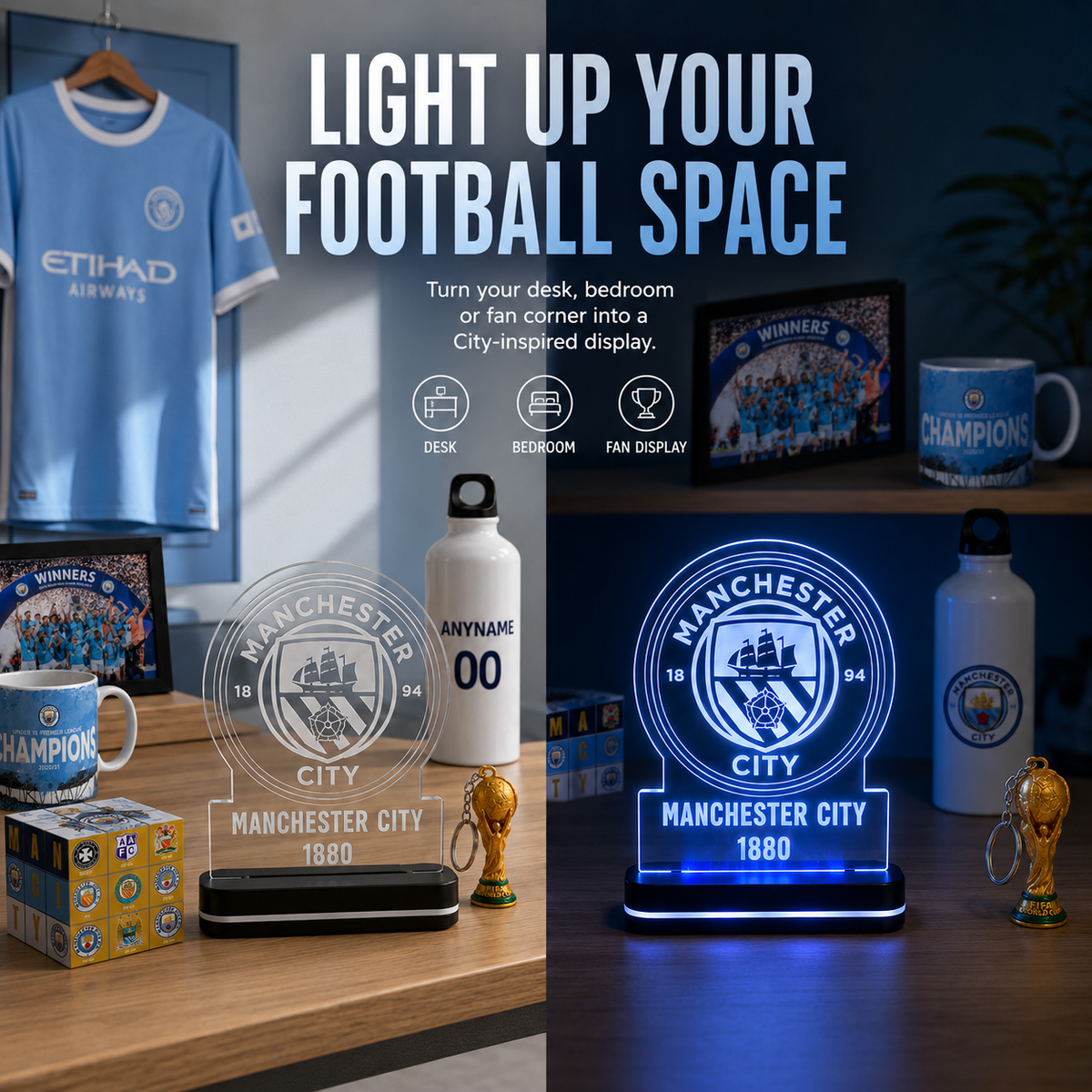 Promotional collage for a Manchester City LED light-up display, showing the product on a desk alongside a soccer jersey, mugs, framed photos, and a bottle, with large text reading 'LIGHT UP YOUR FOOTBALL SPACE'.