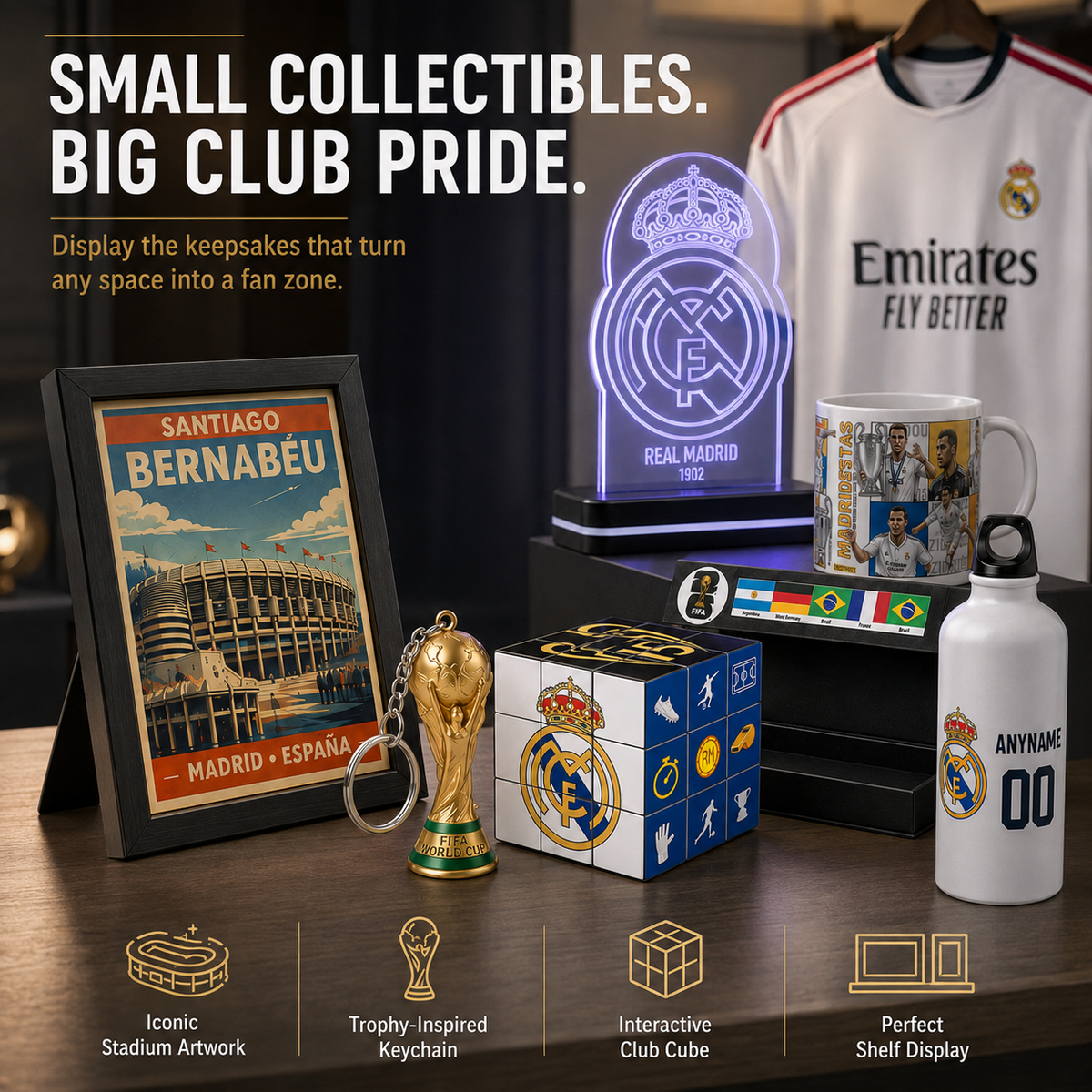 A Real Madrid themed merchandise display featuring a framed Bernabeu stadium poster, a trophy keychain, an interactive cube, a glowing acrylic plaque, a mug, a white bottle, and a Real Madrid jersey on a shelf, with promotional text at the top and feature icons at the bottom.