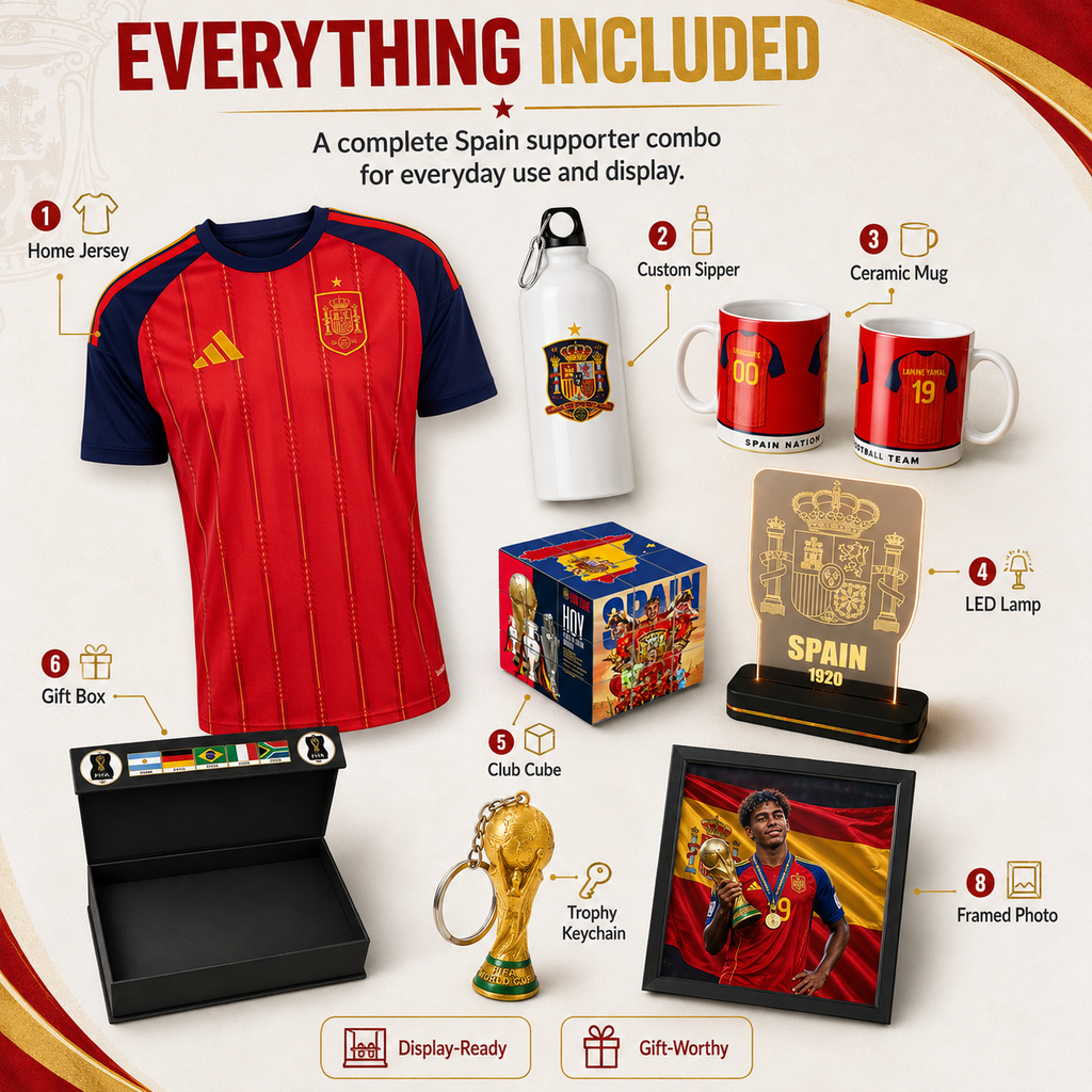 A Spain football supporter bundle displayed on a beige background with labeled callouts. The set includes a red and navy home jersey, a white custom sipper bottle, two red ceramic mugs, an LED lamp, a framed photo, a trophy keychain, a club cube, a gift box, and a branded box.
