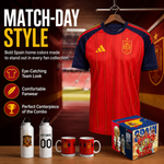 A red and navy Spain soccer jersey on a hanger in a stadium-themed setting, with matching merchandise including mugs, a water bottle, and a branded box. Large text reads 'MATCH-DAY STYLE' with feature callouts.