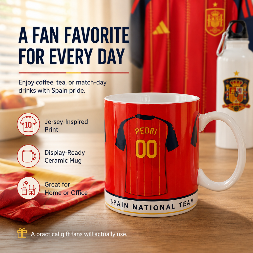 A red ceramic mug printed with a Spain national team soccer jersey design featuring the name 'PEDRI' and number '00'. The image is a promotional graphic with marketing text, a water bottle, and a folded red towel on a wooden table.