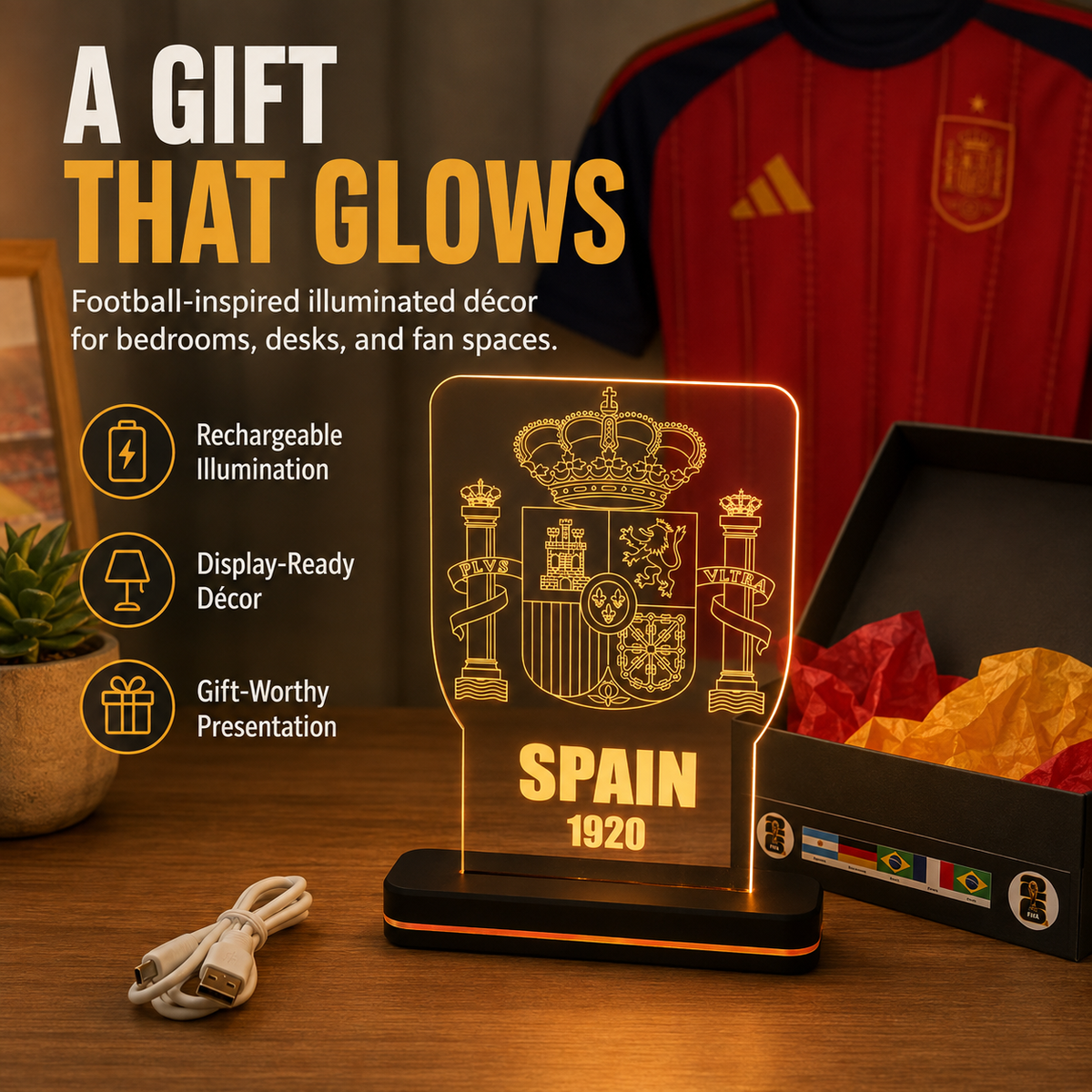 An illuminated Spain 1920 acrylic LED light display on a black base, shown on a wooden surface with a charging cable, a gift box, and a red soccer jersey in the background. Large promotional text reads 'A GIFT THAT GLOWS' with feature icons.