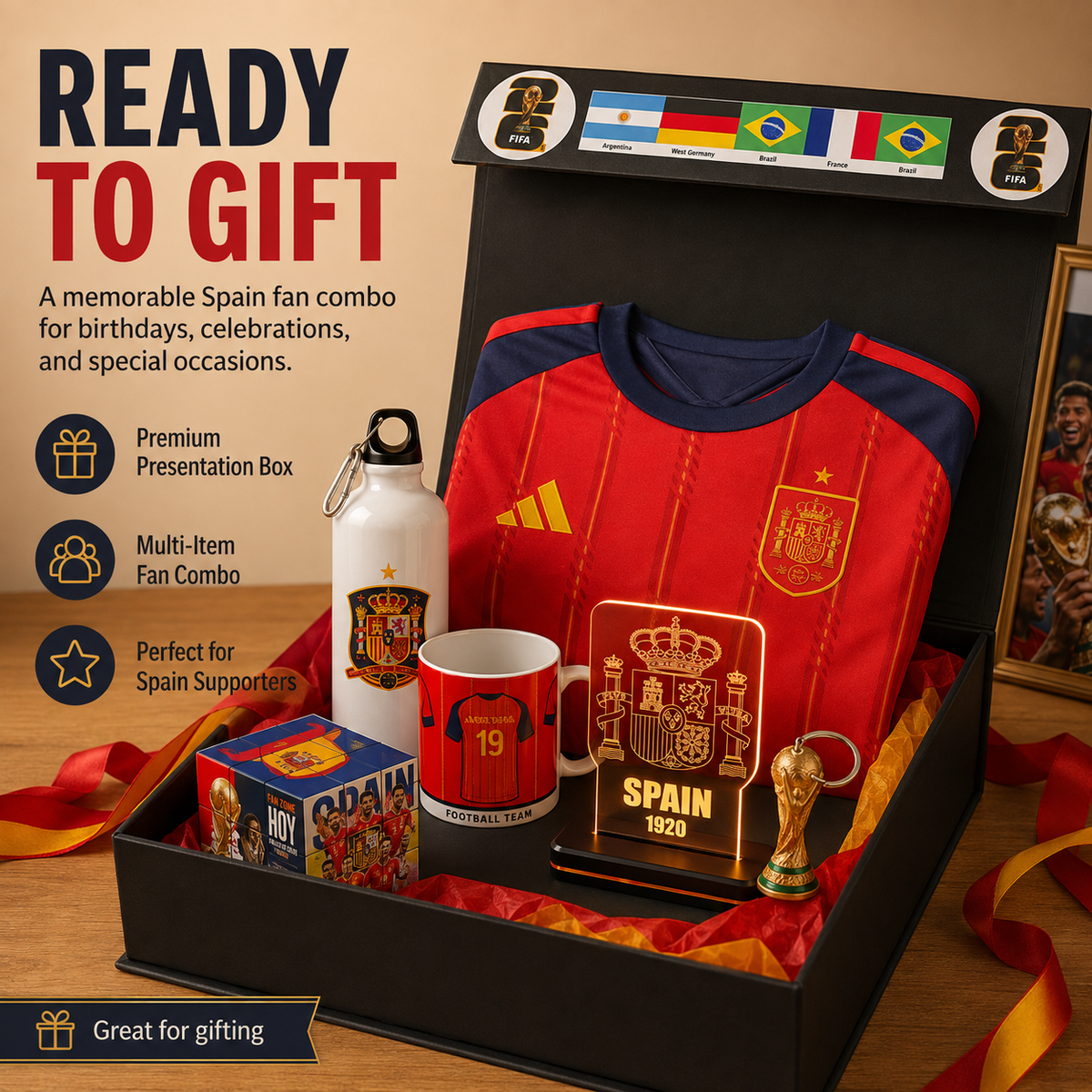 A Spain football-themed gift set displayed inside an open black presentation box. The set includes a red and navy Spain jersey, a white water bottle with a crest, a red mug, a small trophy replica, a plaque, a box of stickers, and a framed photo, with promotional text reading 'READY TO GIFT'.