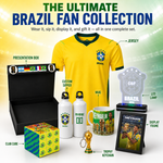 Brazil fan collection gift set featuring a yellow and green Brazil jersey, presentation box, custom sipper bottle, mug, LED lamp, display frame, club cube, trophy keychain, and two water bottles, labeled with text on a stadium-style background.