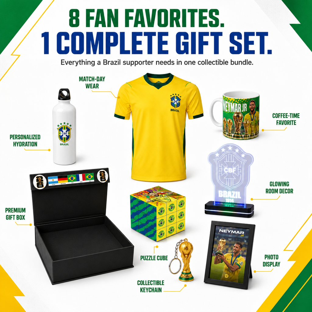 Brazil soccer-themed gift set featuring a yellow jersey, personalized water bottle, Neymar Jr. mug, glowing room decor, premium gift box, puzzle cube, collectible keychain, and photo display on a white background with green and yellow graphic accents.