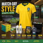 A promotional collage for a Brazil soccer fan set on a dark wooden table. The set includes a yellow Brazil home jersey with green trim, a branded box, two white bottles, a mug, a small trophy, an LED lamp, and a clear display case, with large text reading 'MATCH-DAY STYLE STARTS HERE' and product callouts around each item.