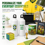 A promotional collage for Brazil-themed personalized everyday essentials, showing two white customizable water bottles, a green and white Neymar Jr. mug, a framed Neymar photo, a small trophy keychain, a cube puzzle, and other desk accessories on a white background with marketing text and icons.
