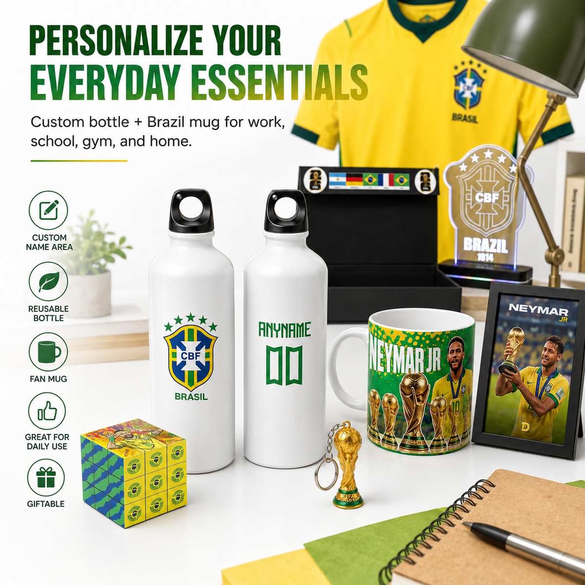 A promotional collage for Brazil-themed personalized everyday essentials, showing two white customizable water bottles, a green and white Neymar Jr. mug, a framed Neymar photo, a small trophy keychain, a cube puzzle, and other desk accessories on a white background with marketing text and icons.