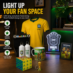 A Brazil football-themed room decor bundle displayed on a wooden table, including a yellow and green jersey, LED light frame, water bottles, mug, cube, small trophy, and framed Neymar photo, with promotional text on the left.