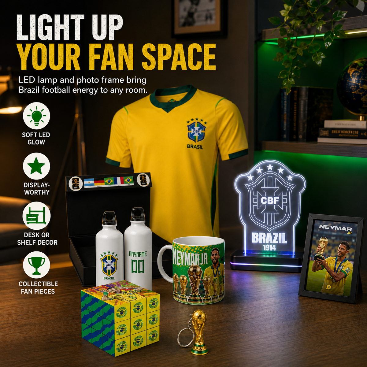 A Brazil football-themed room decor bundle displayed on a wooden table, including a yellow and green jersey, LED light frame, water bottles, mug, cube, small trophy, and framed Neymar photo, with promotional text on the left.