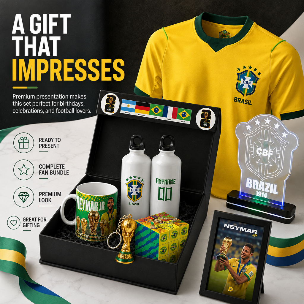 A Brazil-themed gift set displayed in an open black presentation box, featuring a yellow Brazil jersey, two white water bottles, a Neymar-branded mug, a small trophy replica, a framed Neymar photo, and an illuminated CBF Brazil acrylic plaque. Text on the left highlights gift-ready presentation and complete fan bundle features.