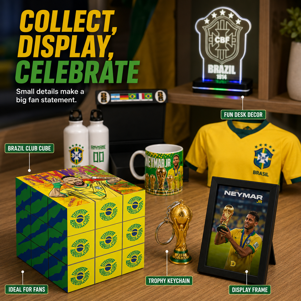 A fan gift set themed around Brazil soccer and Neymar Jr., displayed on a wooden shelf.