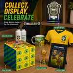 A fan gift set themed around Brazil soccer and Neymar Jr., displayed on a wooden shelf.