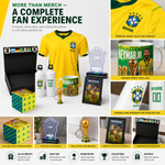A promotional collage for a Brazil soccer-themed merchandise set, showing a yellow jersey, mugs, bottles, LED light, trophy replica, cube, framed print, and other accessories on a white background with marketing text.