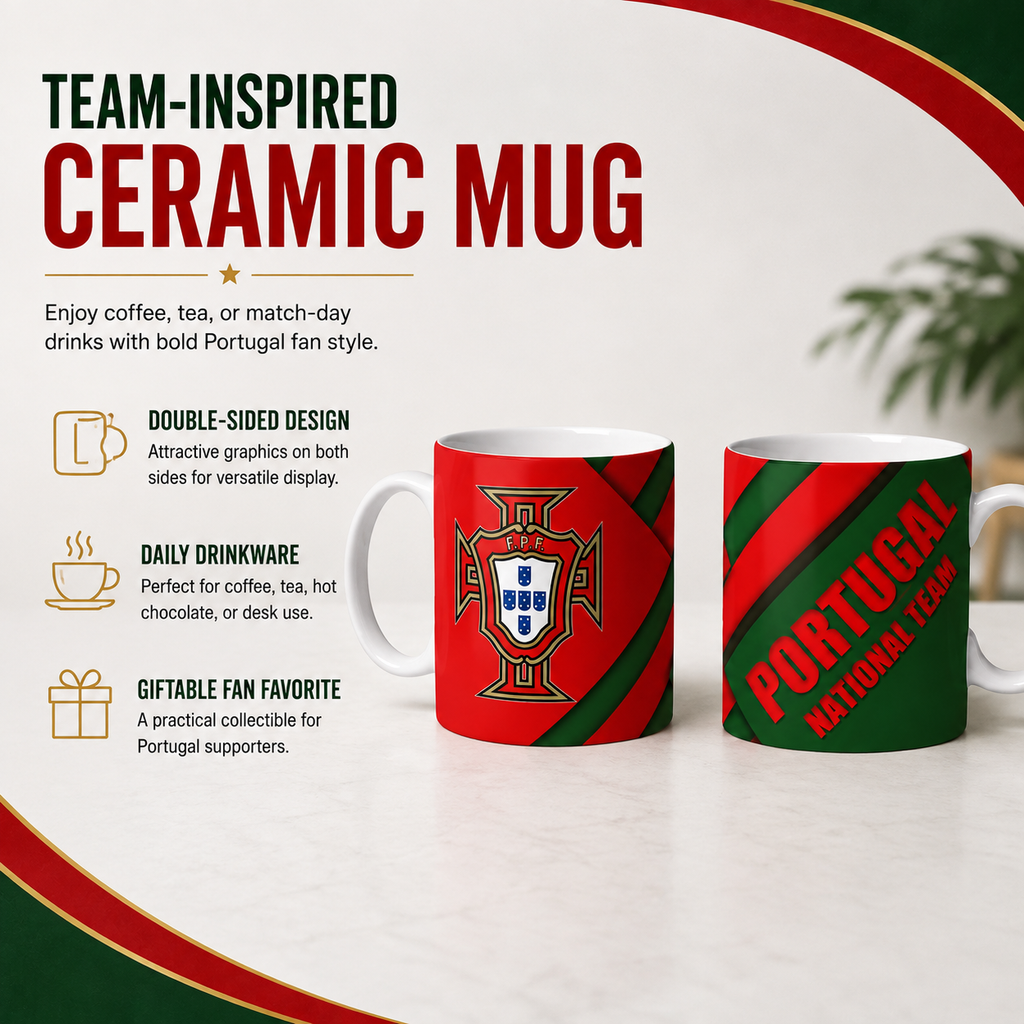 Two ceramic mugs with Portugal national team graphics on a white background with promotional text. The left mug shows the Portuguese coat of arms and flag colors, and the right mug has diagonal red and green stripes with 'PORTUGAL NATIONAL TEAM' text.