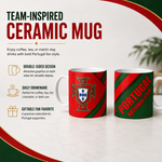 Two ceramic mugs with Portugal national team graphics on a white background with promotional text. The left mug shows the Portuguese coat of arms and flag colors, and the right mug has diagonal red and green stripes with 'PORTUGAL NATIONAL TEAM' text.
