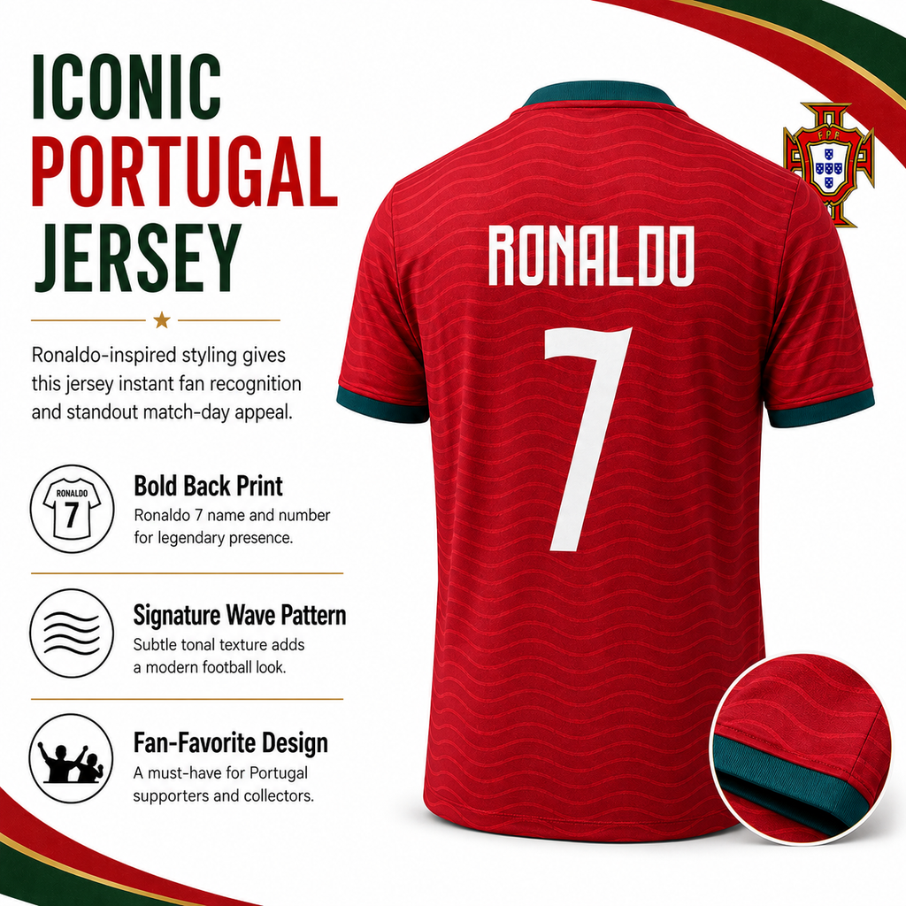 Red Portugal soccer jersey shown from the back with 'RONALDO' and number 7 in white, plus a small inset circle showing the collar detail. The image includes marketing text and the Portugal crest on a white background.