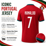 Red Portugal soccer jersey shown from the back with 'RONALDO' and number 7 in white, plus a small inset circle showing the collar detail. The image includes marketing text and the Portugal crest on a white background.