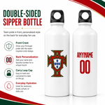 White double-sided sipper bottle with black caps shown on a white background with product features and text. One bottle shows the Portugal crest on the front, and the other shows a customizable name and number on the back.