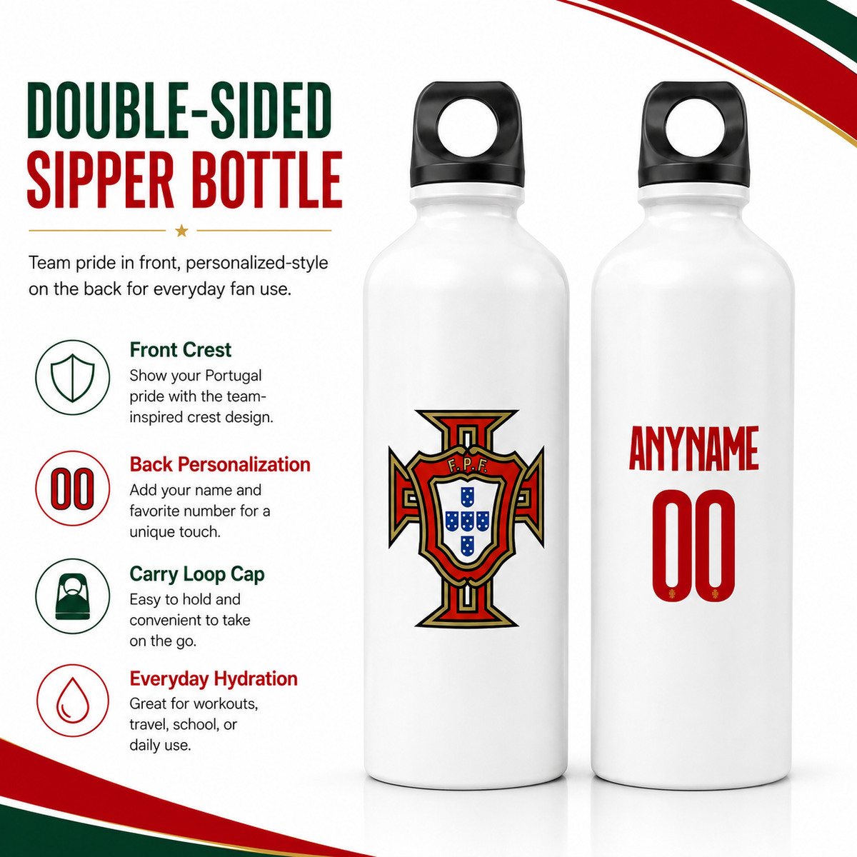 White double-sided sipper bottle with black caps shown on a white background with product features and text. One bottle shows the Portugal crest on the front, and the other shows a customizable name and number on the back.