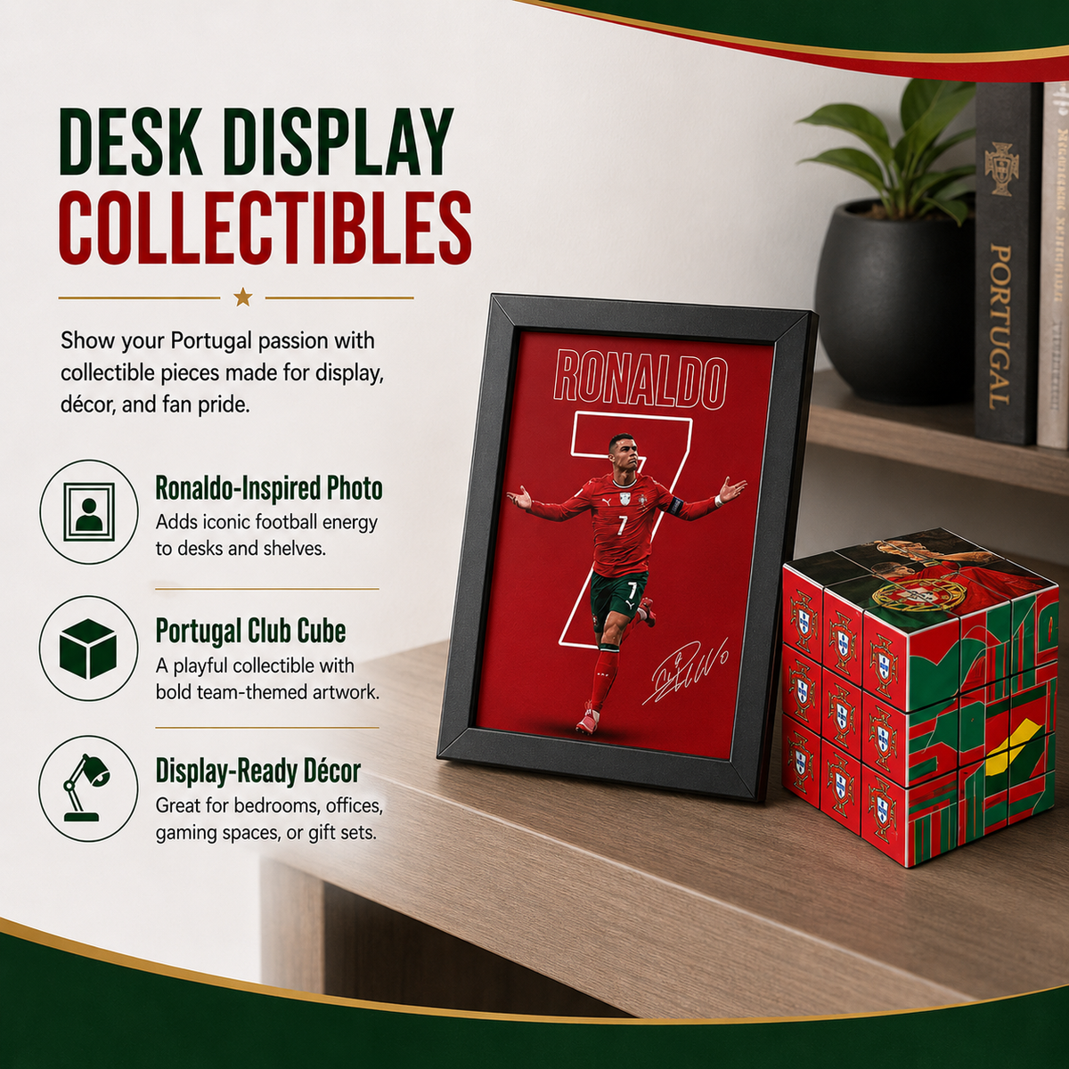 A framed Portugal football collectible featuring Ronaldinho on a red background, displayed on a wooden desk next to a red and green 'Portugal Cube' puzzle block. The image includes promotional text on the left side.