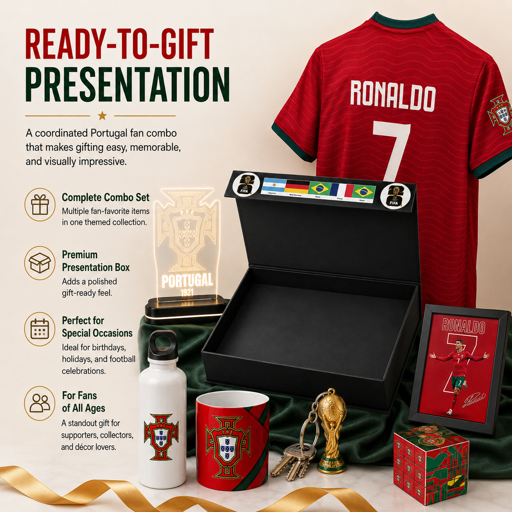 A curated Portugal football-themed gift set arranged on a beige surface with a red Ronaldo jersey, black presentation box, framed print, mug, bottle, keys, small trophy, and decorative box. Large text reads 'READY-TO-GIFT PRESENTATION' and lists bundle benefits.